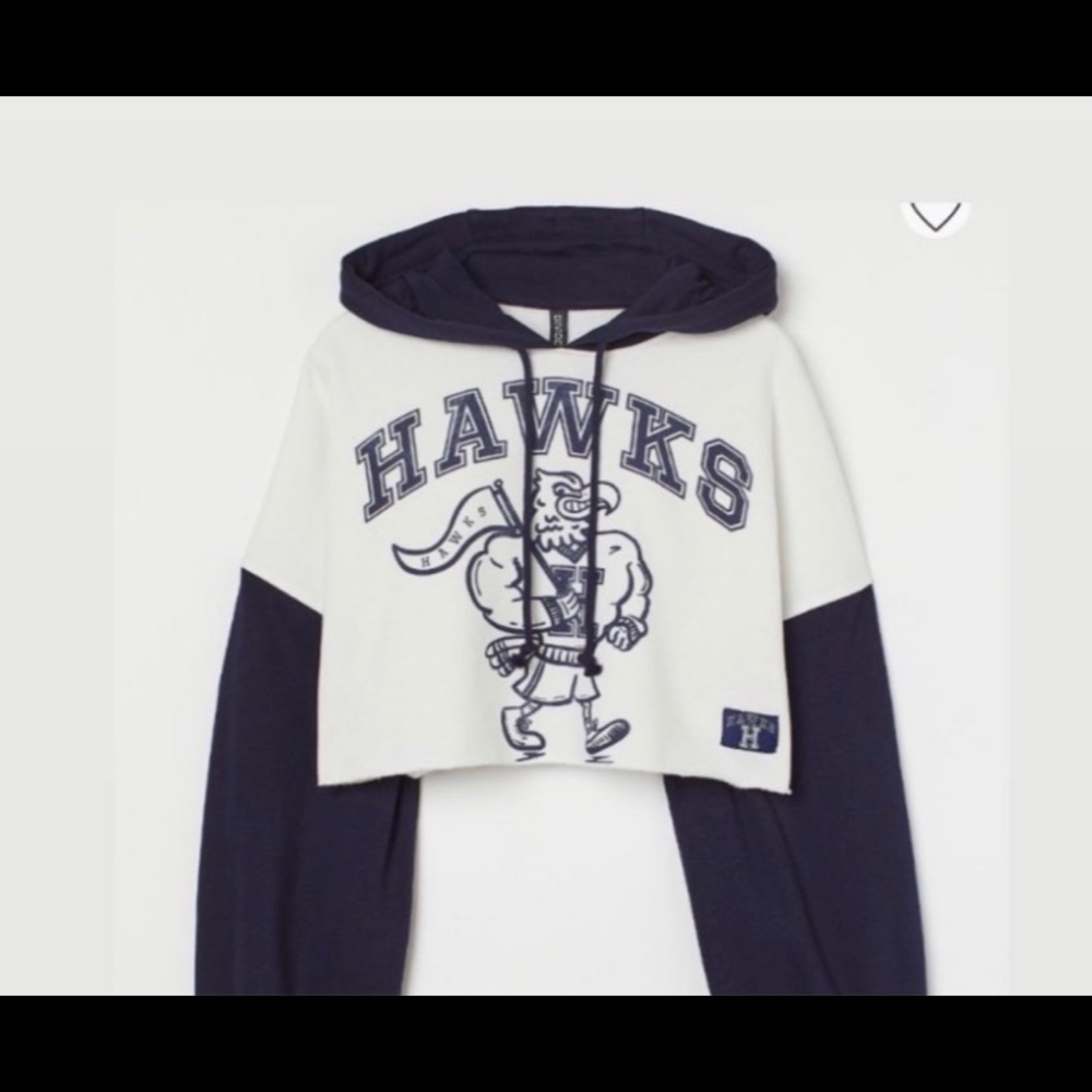 NWT H&M Divided Brand Hawks Crop Hoodie Sweatshirt in White & Blue / Medium